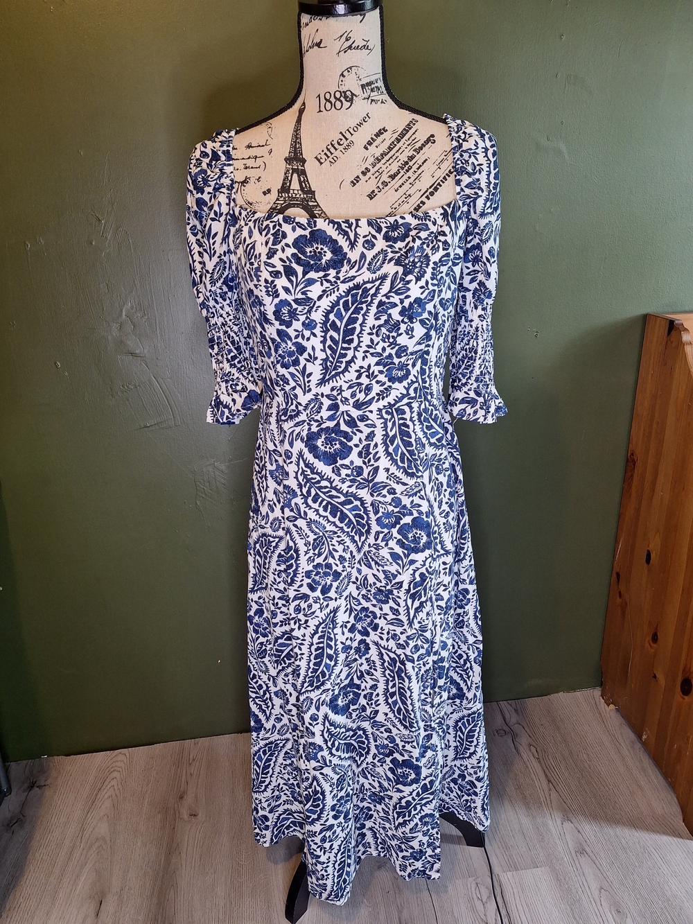 Blue Rain Navy and White Floral Square-Neck Maxi Dress